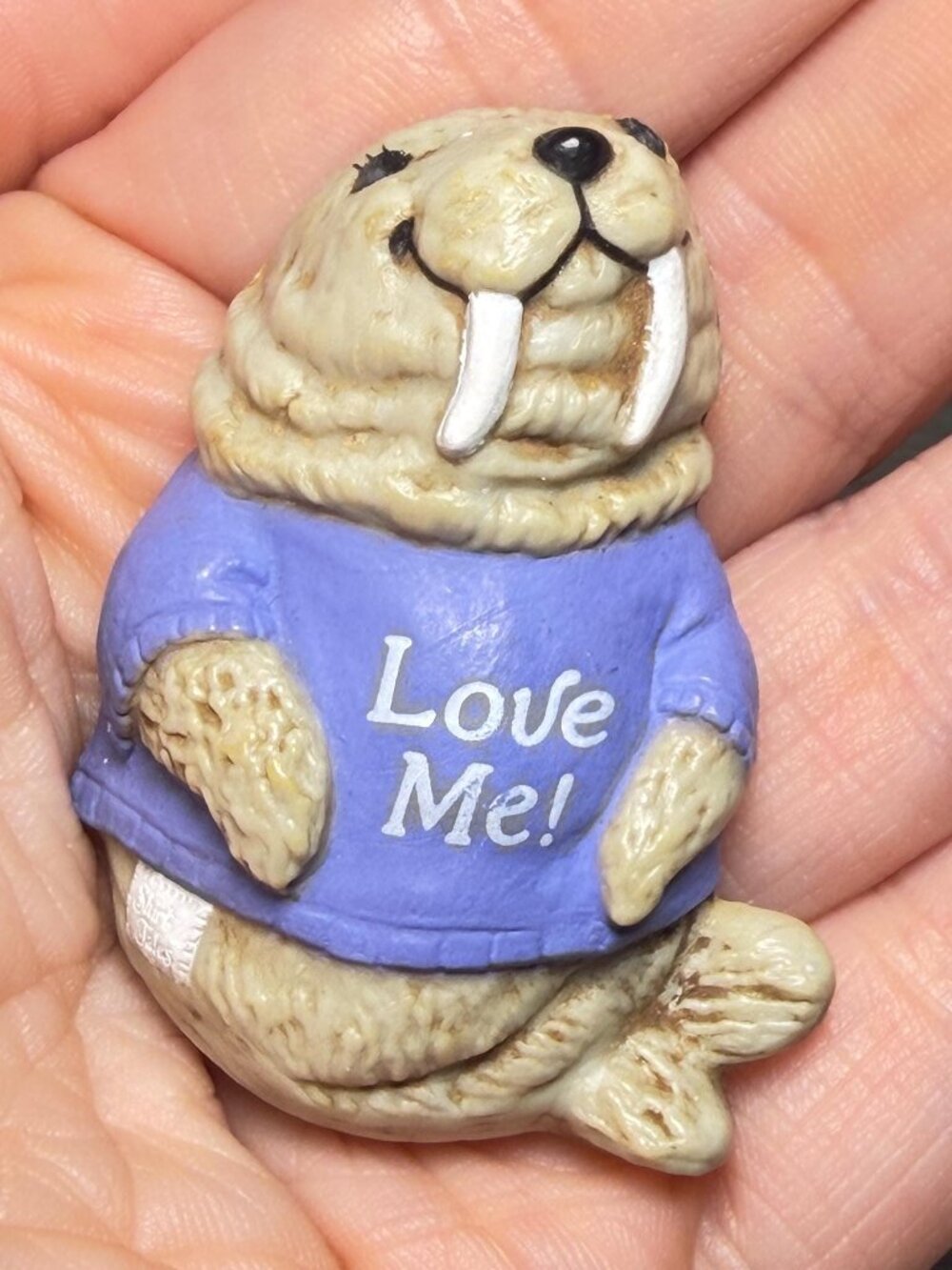 Vintage Hallmark Walrus Brooch Love Me Purple Shirt Cute Animal Pin 2.25”